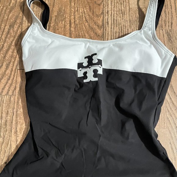 NWT TORY BURCH COLOR BLOCKED LOGO TAN SWIM SUIT 1 PIECE SWIMWEAR BLACK WHITE XS - Picture 5 of 8